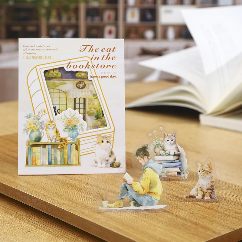 15pcs/bag PET Stickers Warm Bookstore Reading Pet Character Sticker Creative Hand Account Collage Material DIY Greeting Card