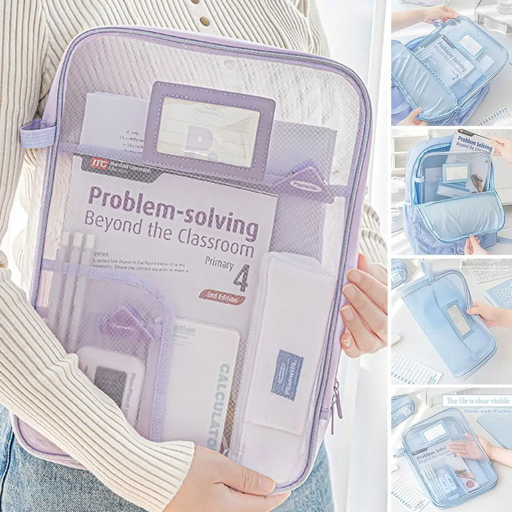 

L-Shaped File Bag Large Capacity Mesh Test Paper Classification Bag Subject Classification Zipper Tote School Bag School