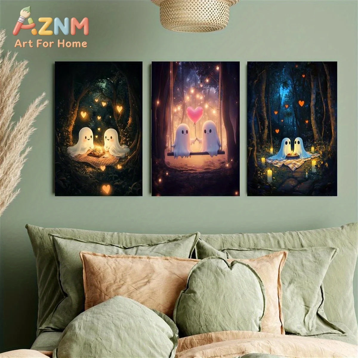 AZNM Cute Multi‑style Ghost Candle Pumpkin Bath Party Forest Canvas Wall Art, Spooky Halloween Frameless Canvas Print Poster for