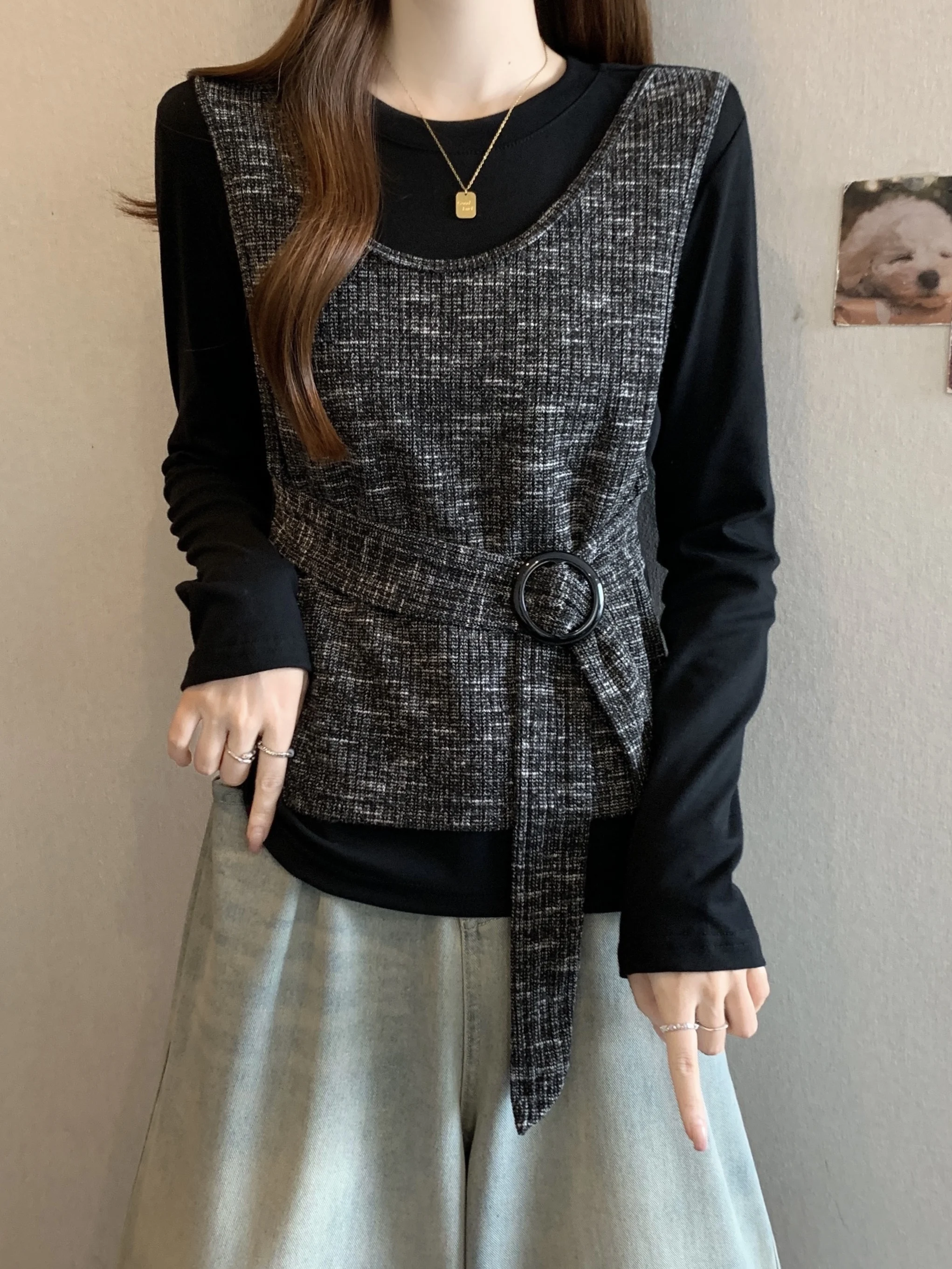 

plus Size Women's Faion Design Color Blo Base irt Waist Cinch Belt Long Sve Top Korean Sle Autumn Winter Clothes