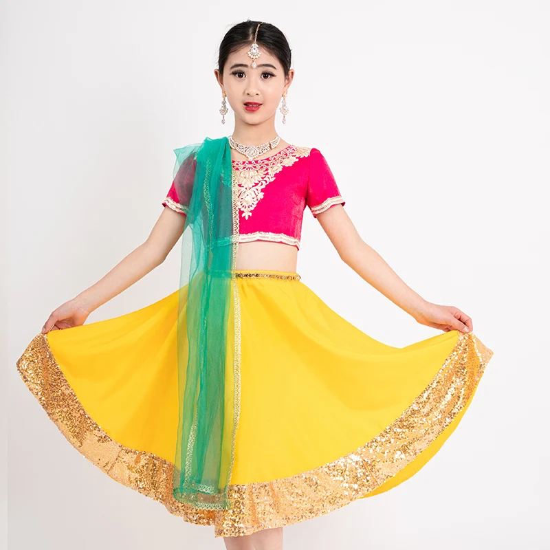 India Bollywood Dance Big Swing Skirt Three Piece Set For Children's New Contrast Embroidered Sari June 1 Performance Dress