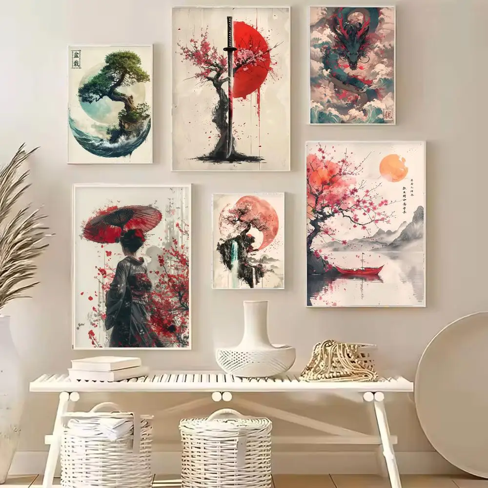 Japanese Samurai Geisha Umbrella Bonsai Sakura Landscape Poster Canvas Wall Art Print for Living Room Home Decor