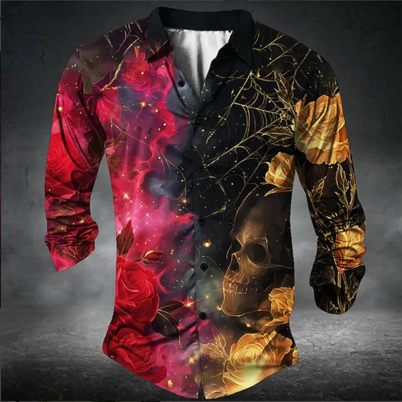 

Men's Button Long Sleeve Shirt Spring Summer Casual Shirt 3D Leaf Flower Skull Print Long Sleeve Fashion Comfortable