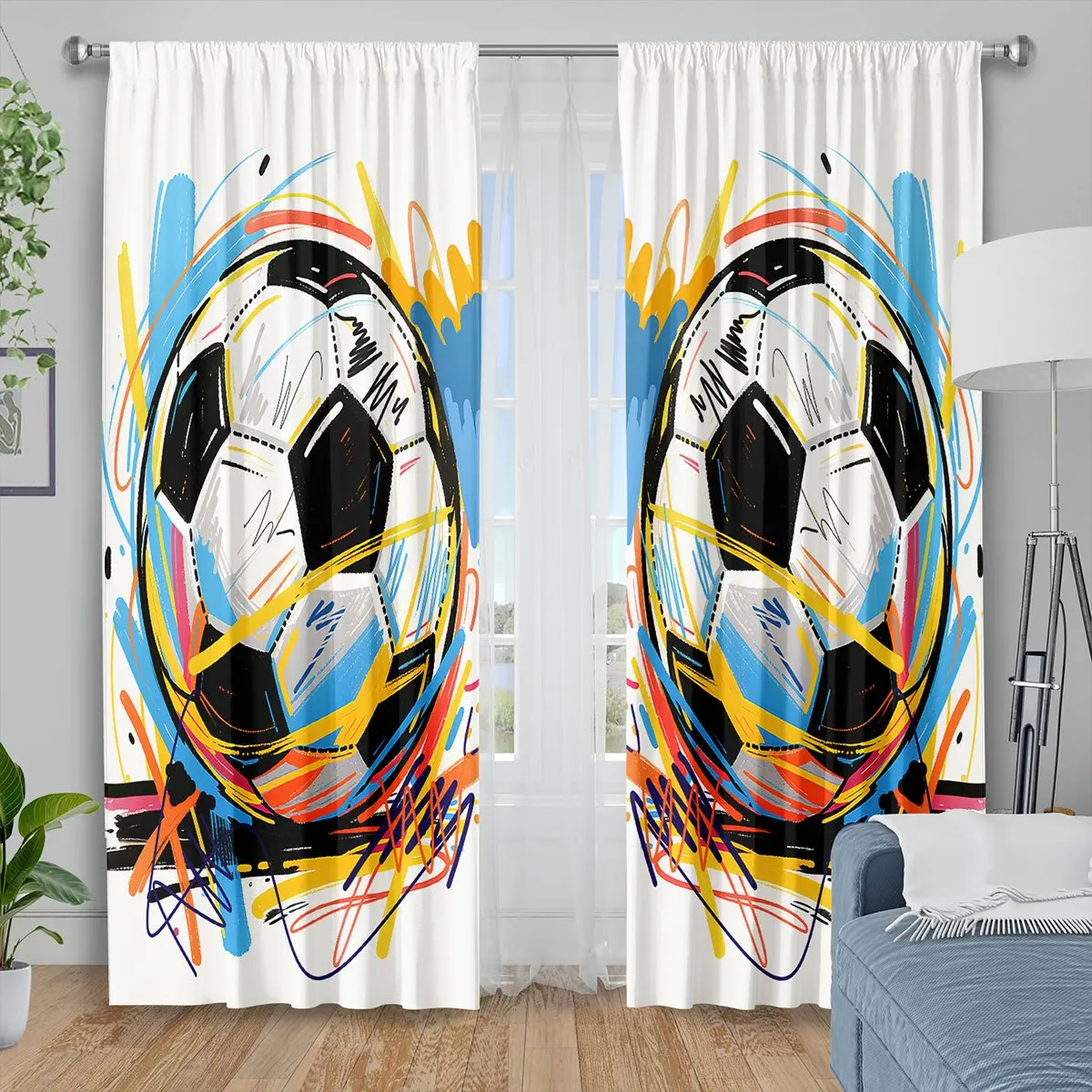 Soccer Ball Curtains Colorful Graffiti Art Print Blackout Drapes Sports Theme Decor for Boys Bedroom Living Room WindowTreatment
