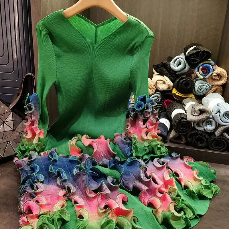 ANLAN Fashion V-neck Folded Dress For Women 2025 New High Quality Design Colorful Stringy Selvedge Printing Pleated Dresses