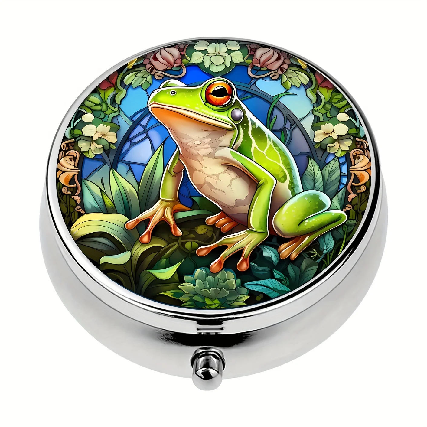 Artistic Frog Pill Case 3-Compartment Medicine Organizer,Mini Travel Portable Box for Pocket or Purse,Metal Medication