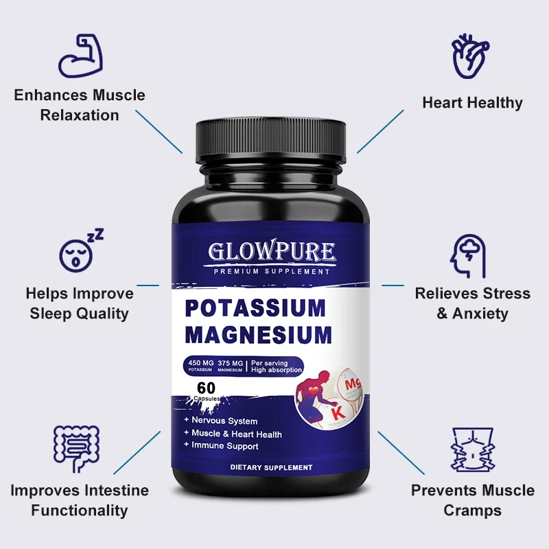 Potassium Magnesium Capsule for Muscle, Bone, Nervous, Heart Health, Relieve fatigue and headaches, Improve Immune System