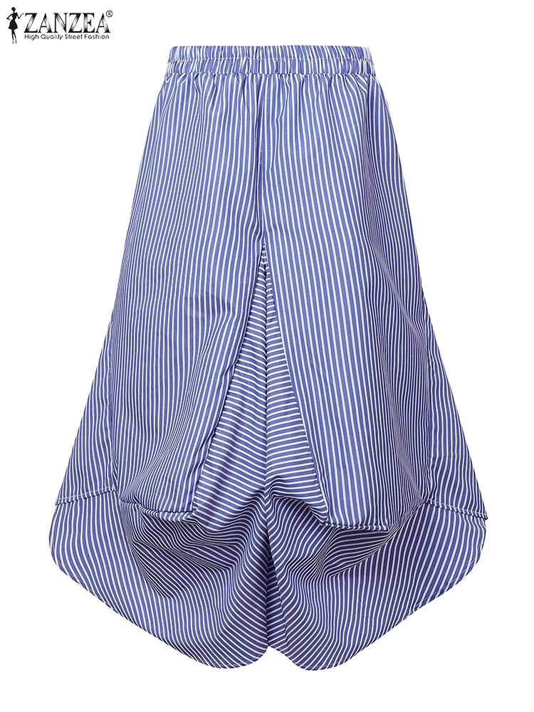 ZANZEA 2025 Casual Loose Striped Harem Pants Korean Style Big Pockets Trousers Vintage Pleated Elastic Waist Calf-Length Bottoms