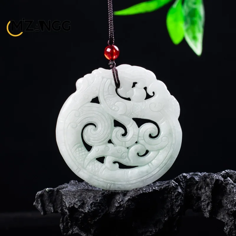 Natural Jadeite Antique-Style Round Openwork Double-Sided Dragon Pendant Exquisite Fashionable Jade Necklace Unisex Holiday Gift