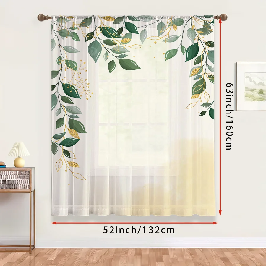 1PC Sheer Curtain Green Leaf Top Drape Golden Line Print, Rod Pocket Window Curtain for Living Room Botanical Decor