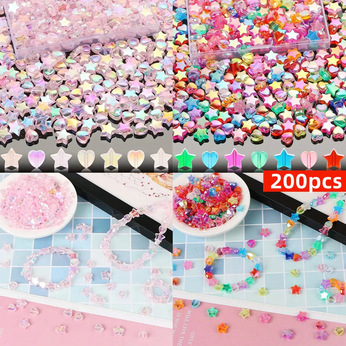 200 Piezas de Cuentas de Estilo Mixto en Color Rosa AB, Pentagrama de 10 mm y Corazón de Durazno de 9 mm, para Hacer Joyas, Pulseras y Collares para Parejas