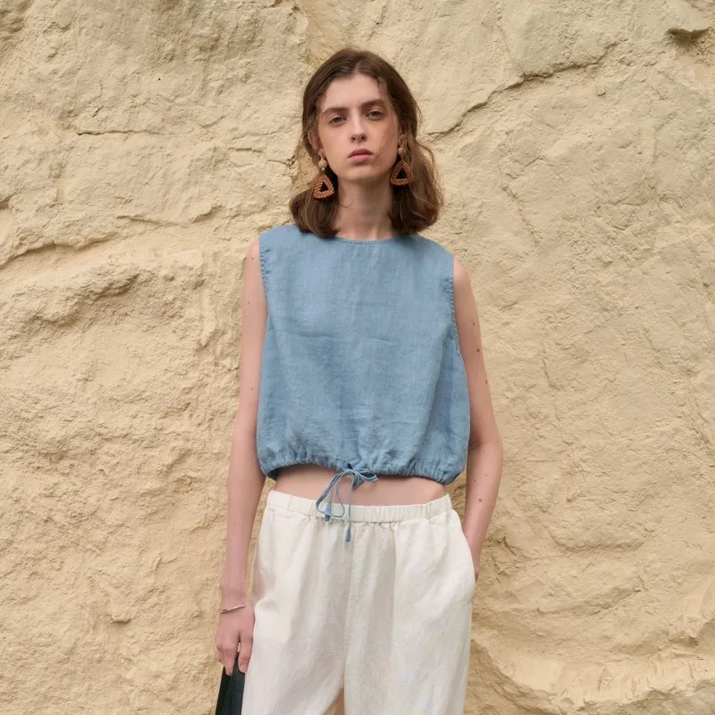 레트로 프랑스어 100% 리넨 화이트 자르기 탑 여성 민소매 o 넥 캐주얼 패션 느슨한 여름 streetwear 사무실 숙녀 셔츠