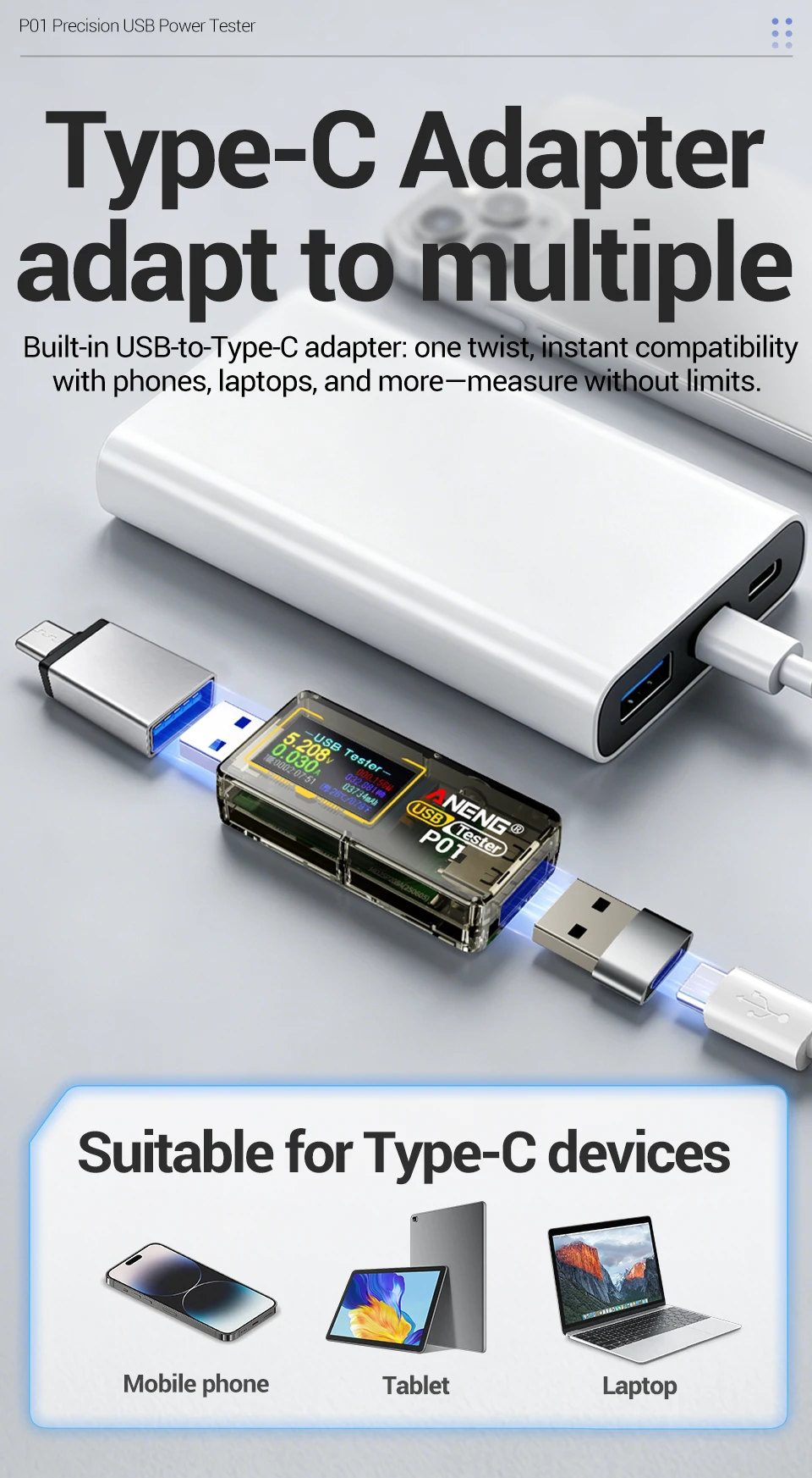 ANENG P01 USB-Tester, Voltmeter, Amperemeter, Typ-C-Schnellladungsdetektor, Kapazitäts- und Rippelmessgerät – Detail 8