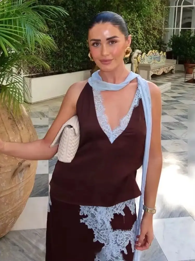 

HH 2026 Woman Summer Fashion 2 Piece Set Lace Patchwork V-Neck Decoration Short Top+Mid Waist Zipper Slim Elegant Midi Skirt