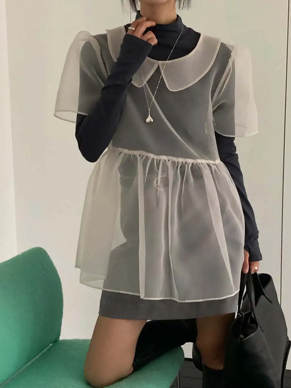 

Элегантное сетчатое платье с воротником-стойкой для женщин, модный многослойный топ с кружевной отделкой, укороченная юбка с завышенной талией, корейский стиль, весна-лето