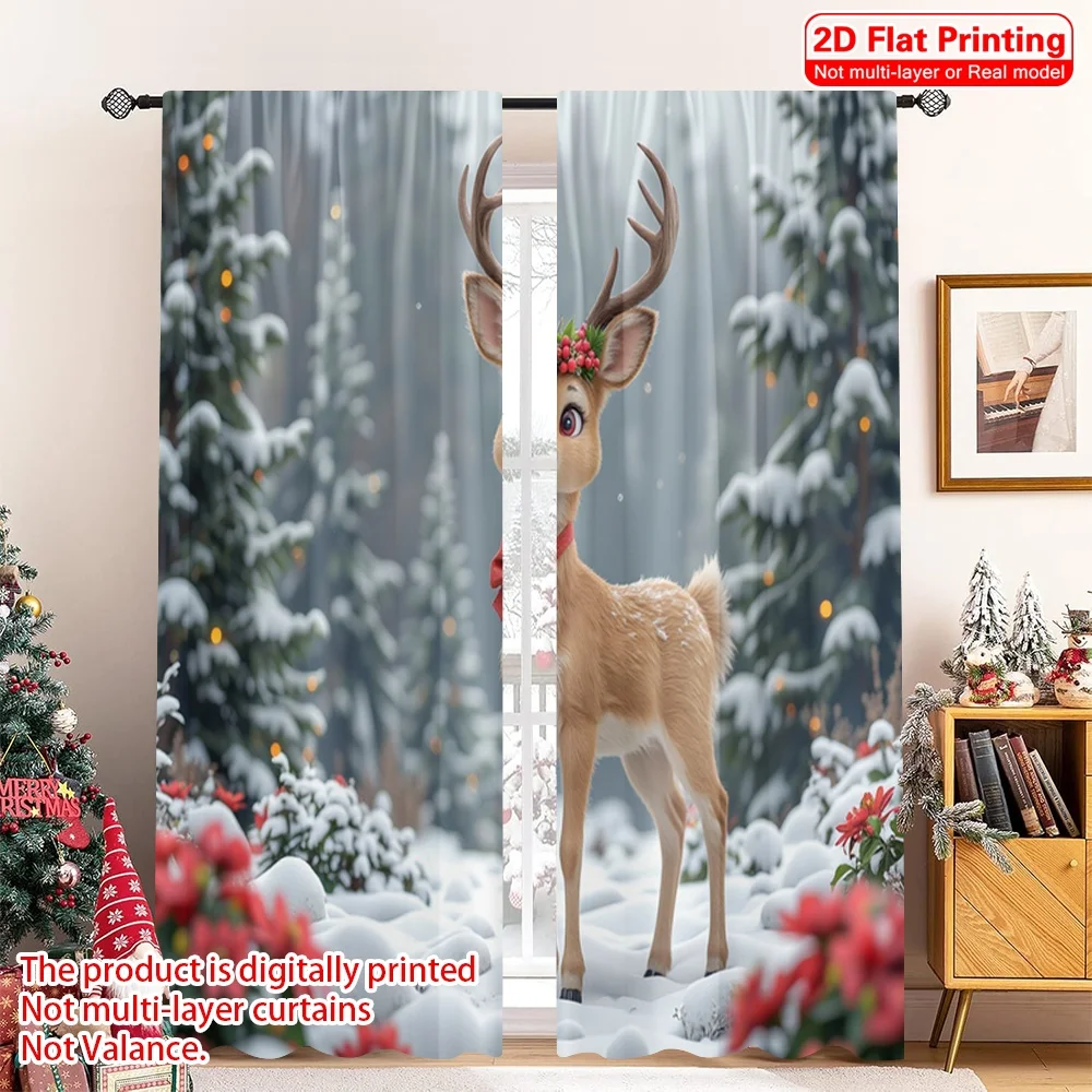 

2pcs 2D flat printing Merry Christmas Popular Drapes Cute Christmas Deer Present Polyester Fabric Without Electricity Festive