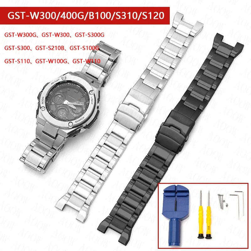 Strap for Casio G-Shock GST-W300/400G/B100/S310/S120/S110/W110 Stainless Steel Metal Men Silver Black Watch Band Bracelet Chain