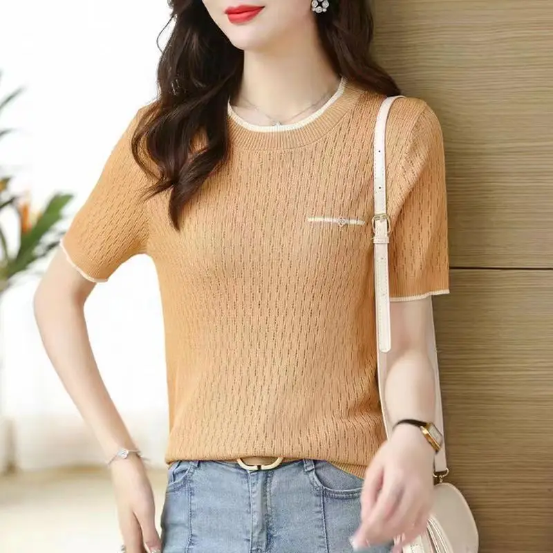 TuangBiang Female Summer Elegant 2023 Decorative Pocket Pullover O-Neck Knitted Short Sleeves T-Shirt Women Thin Loose Blue Tops