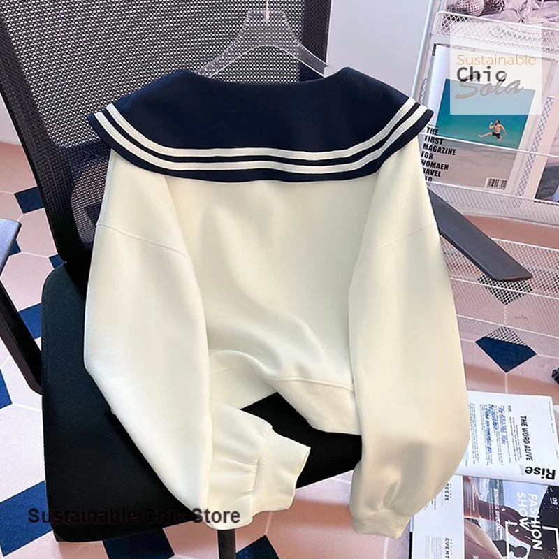 Korean style niche chic college style navy collar sweater women's summer new sweet and slim design Joker outer coat sweatshirt