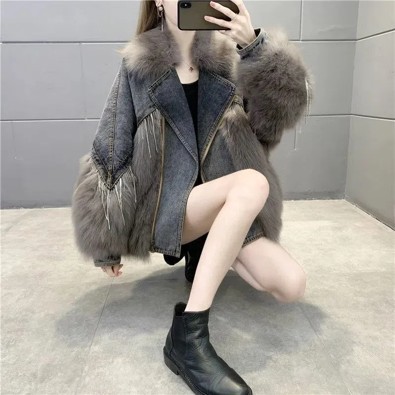 Women Winter New Fashion Denim Imitation Fox Fur Stitching Fur Coat Parkas Oversized Workwear Thick Outwear Casual Denim Jacket