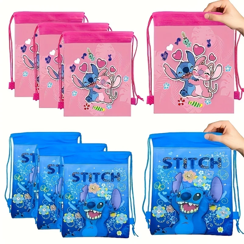 Bolsa de Almacenamiento Disney Lilo & Stitch, Bolsas con Cordón de Tela No Tejida Rosa Angel Stitch, Decoración para Fiestas, Regalo de Cumpleaños y Navidad