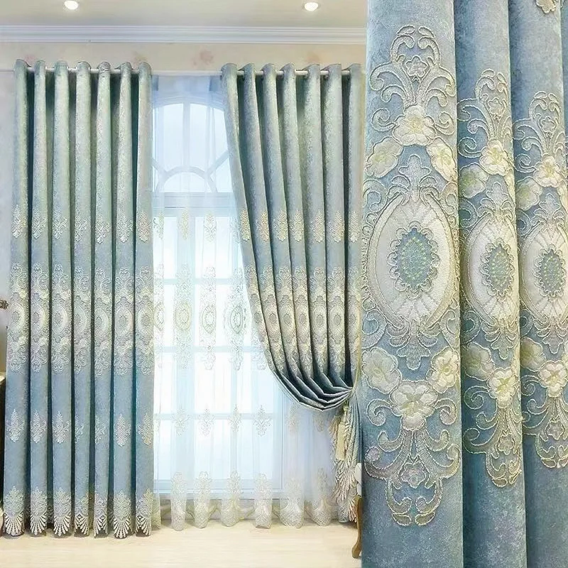 

High-end European Chenille Thickened Embroidered Blackout Elegant Tulle Window Curtains for Living Dining Room Bedroom Villa