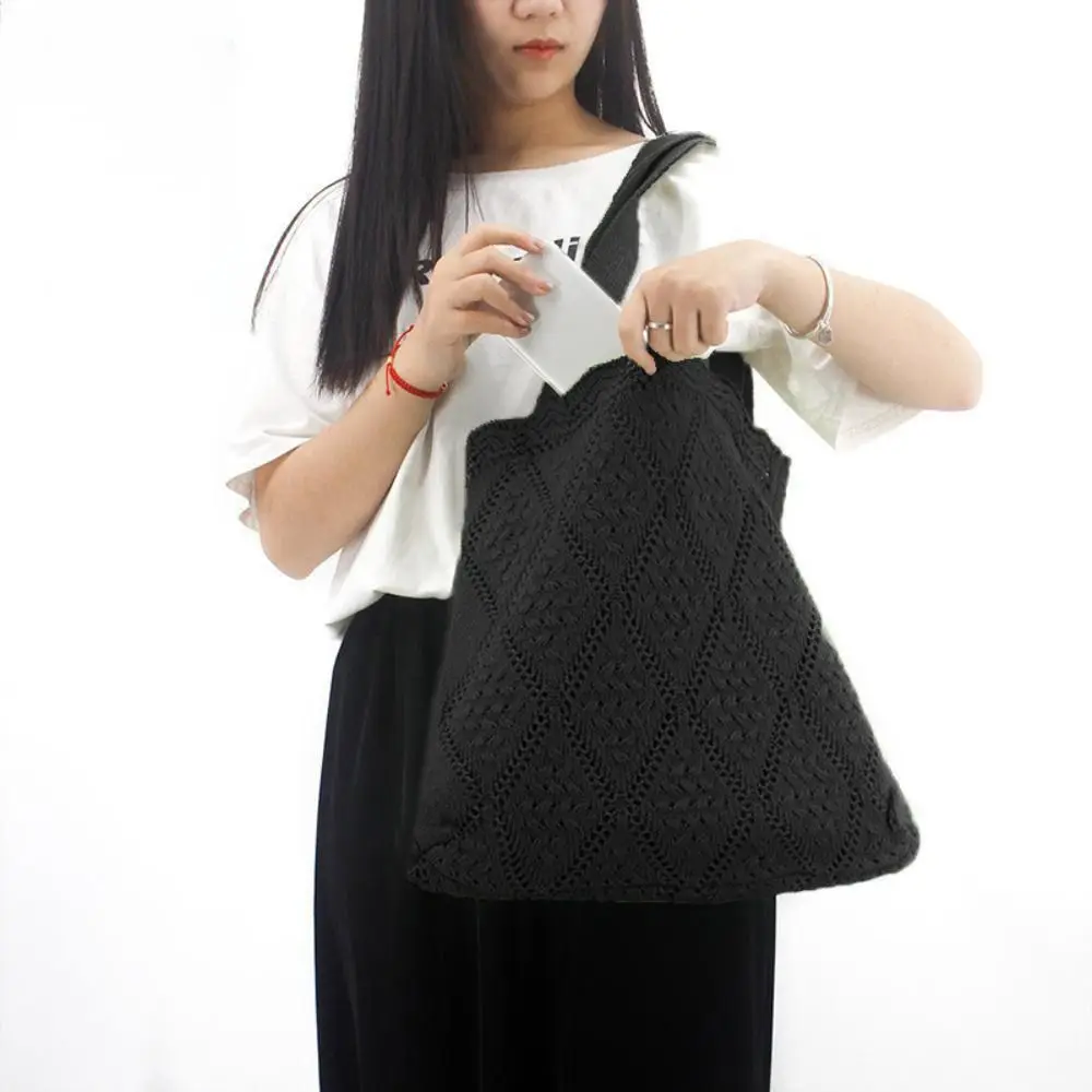 

Soft Solid Color Knitting Shoulder Bag Large Capacity Hollow Out Bohemian Crochet Tote Bag Versatile Casual Woven Handbag Female