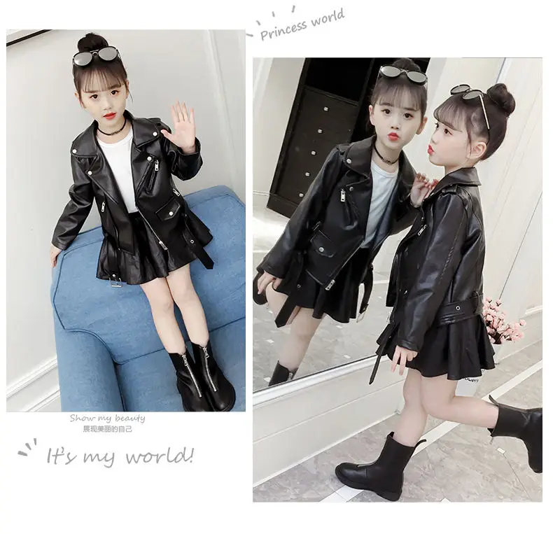 Top Fashion Girls Boy PU Jackets Coat Kids Baby Belt Leather Jacket Spring Autumn Coat Children Clothes Overcoats 4-14T