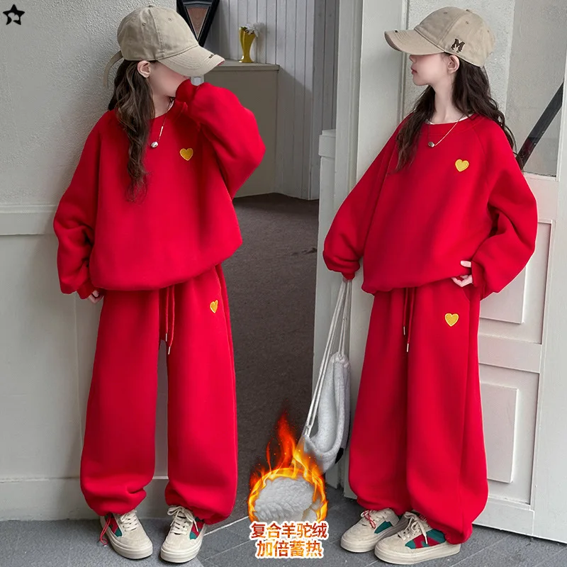 

Girls' Heart Embroidered Fleece Sweatshirt Set, Winter Sports Set for Big Kids, 2-Piece Set in China Red