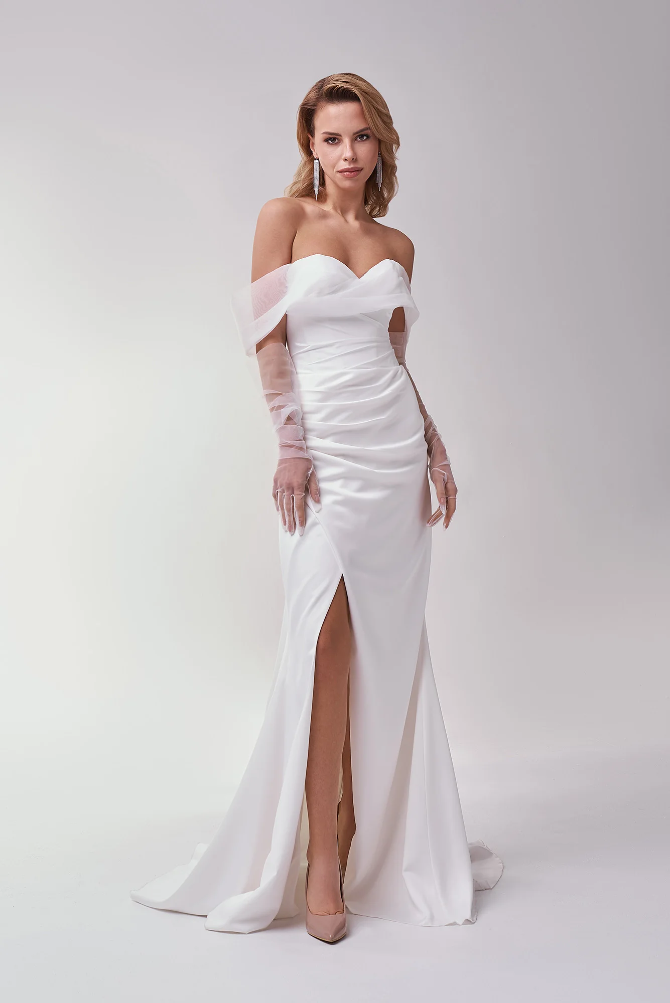 Sexy Mermaid Trouwjurk Uit De Schouder Korte Organza Mouwen Sweetheart Side Split Satin Bruidsjurk Vestidos De Novia Civiele