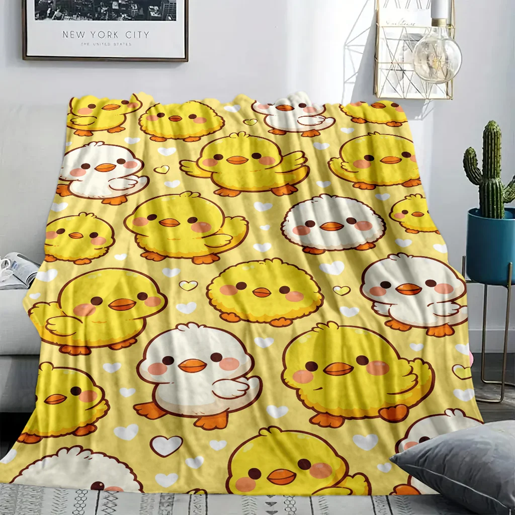 Cartoon Duckling Heart Pattern Flannel Blanket, Yellow Background Cute Baby Ducks Lightweight Throw Blanket Bed Couch Home Use