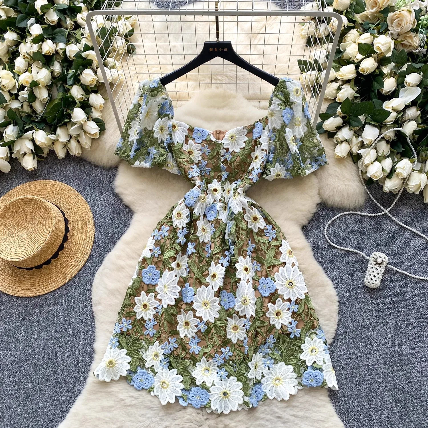 

Elegant Flower Embroidery Lace Hollow Out Prom Dresses Women's 2025 Summer O Neck Short Sleeve Casual Mini Dress Party Vestidos