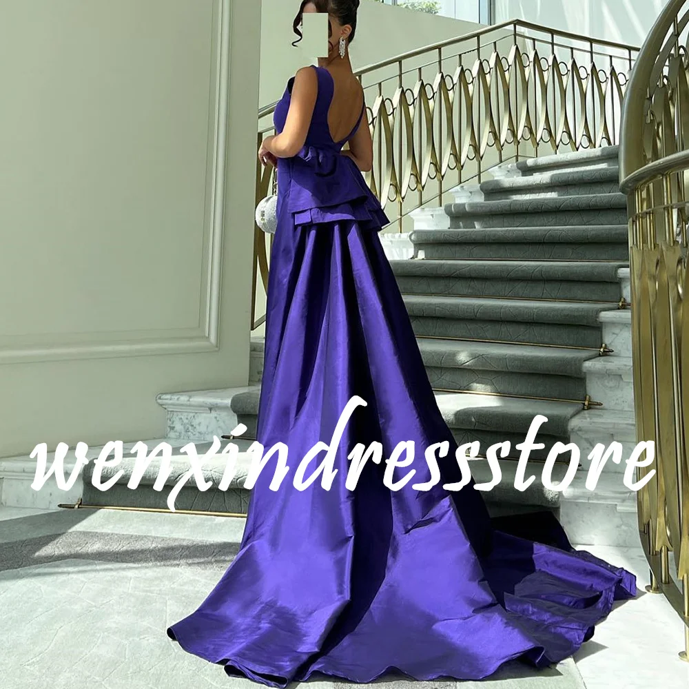 Purple Straight Sleeveless Satin Boat Neck Floor Length Saudi Evening Dresses Elegant Panel Train Pleats Party Gowns Modern 2024