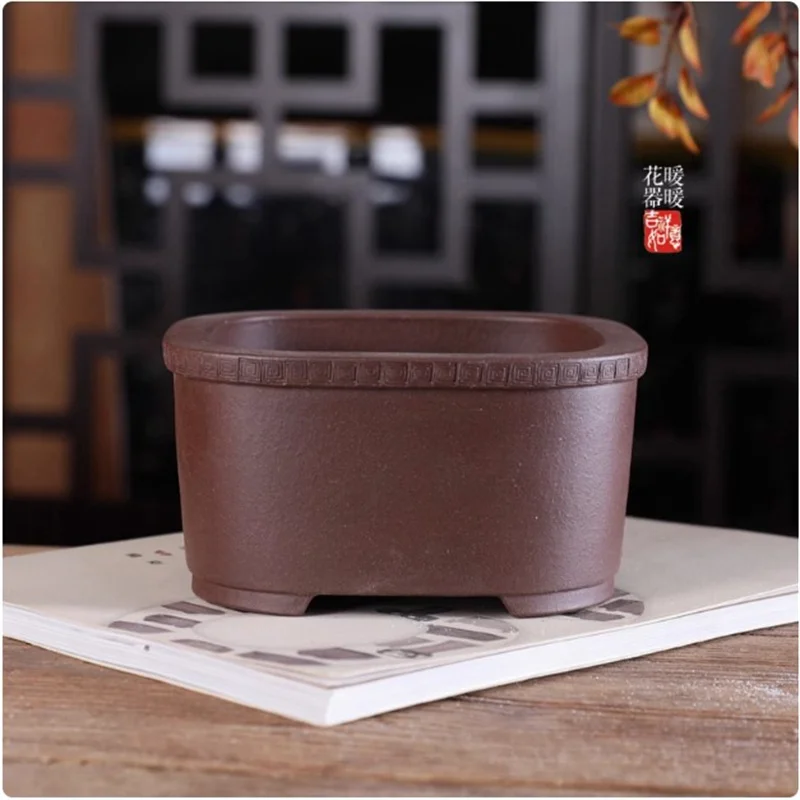 Ceramic Round Angle Square Bonsai Pot, Flower Planting Pot,Purple Sand,Home Sill Indoor Decoration