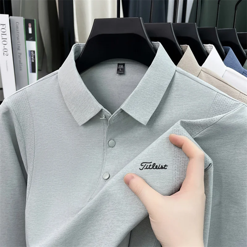 Original Herren Langarm-Poloshirt, schnelltrocknend, atmungsaktiv, mit Revers und Knöpfen, exquisiter Buchstabendruck, Herbst-Freizeit-Sportbekleidung für Herren – Detail 21