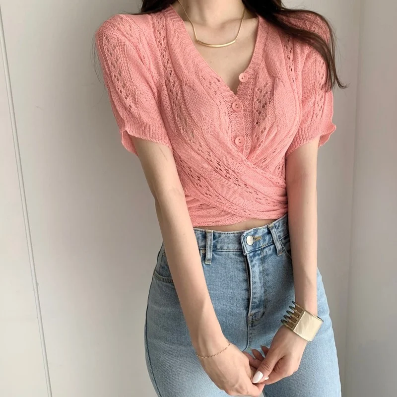 

Korean Sweet Knitted Sweater Casual Cardigans Tops Chic V-neck Twisted Waist Cutout Short-sleeved T-shirts Summer Female Tees