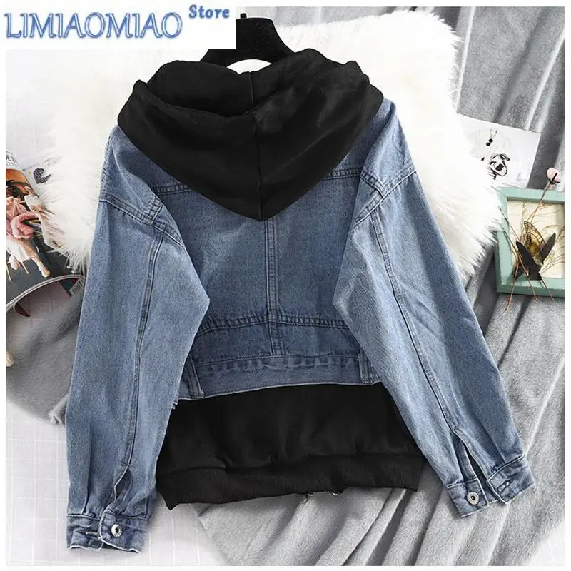 Black Fake Two-Piece Denim Jacket Female Spring And Autumn New Women's Coat Loose Hooded Jacket Temperament Top