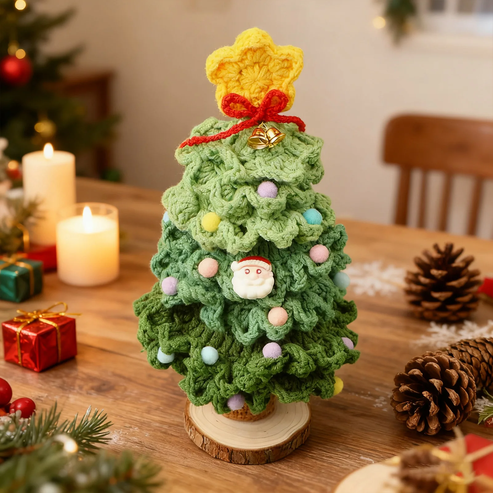 Hand Knit Christmas Tree Ornament 23cm Tall Acrylic Yarn Handmade Desktop Decoration with Wooden Base for Holiday Party Gift