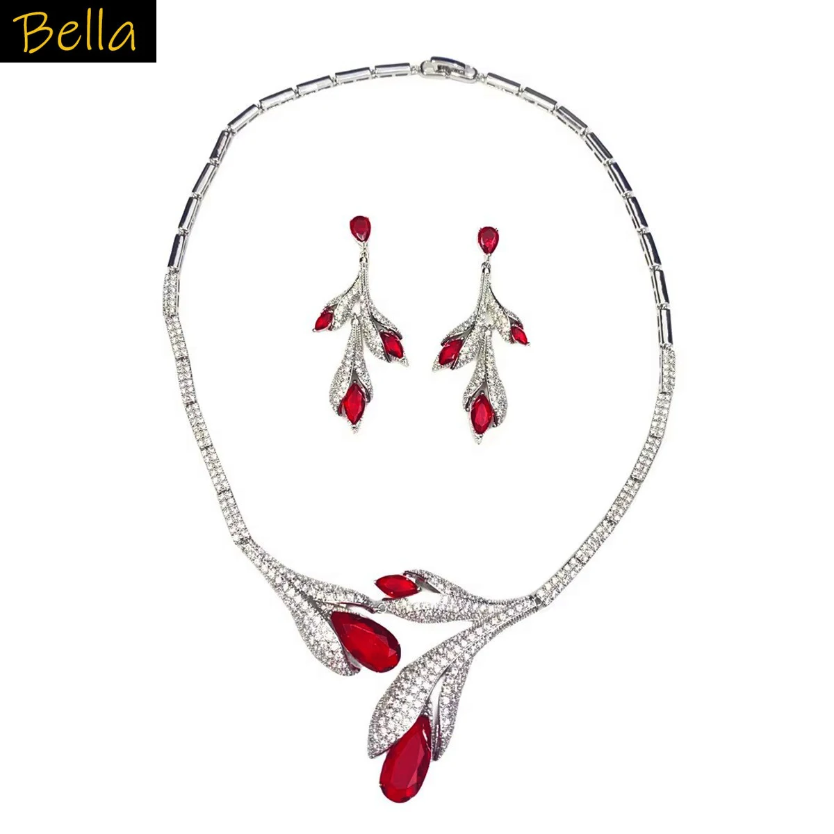 

Wedding Jewelry Sets Bride Bridesmaid Necklace Earrings Flower Tulip Jewelry Red Green Blue Shiny Zircon Banquet Accessories