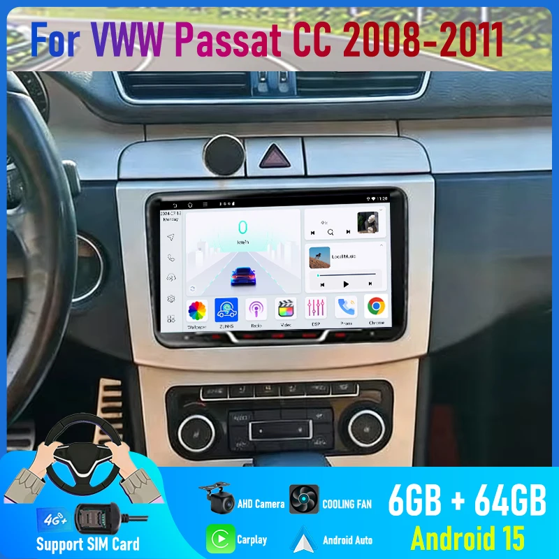 9'' For VW Passat CC 2008-2011 Car Radio 4G SIM Carplay Android 15 Auto GPS Steering wheel control Navi Camera Google Map 2DIN