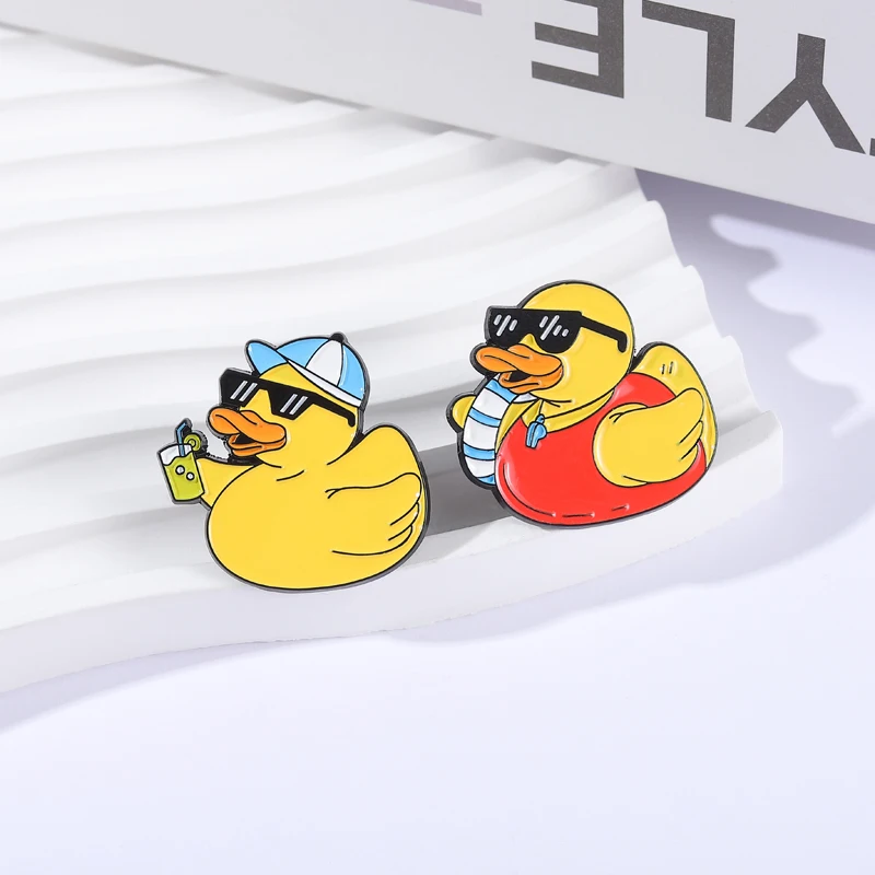 Cute Beach Vacation Duck Brooch Enamel Pins Cartoon Yellow Duck Wear Sunglasses Drink Juice Brooches Lapel Badge Jewelry Gifts