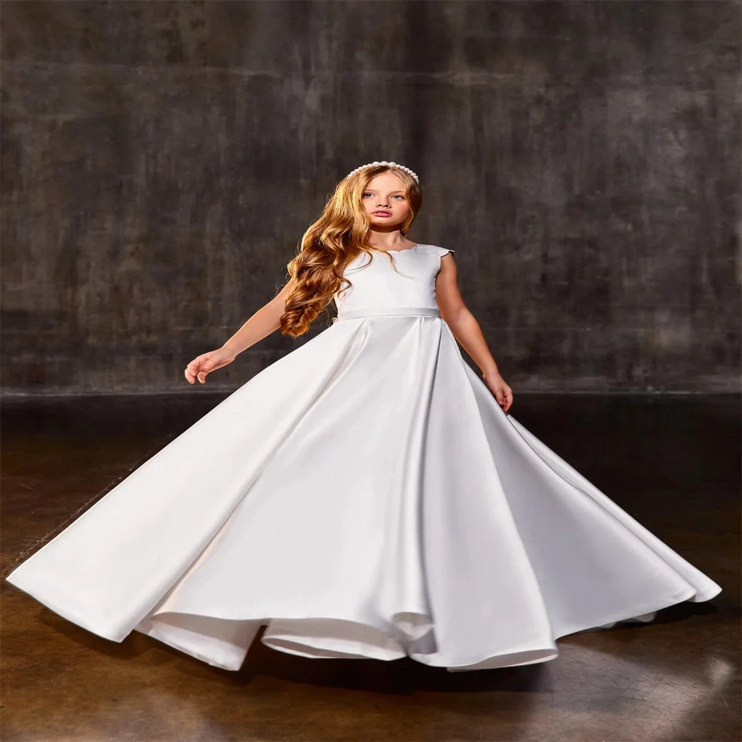

Customized Satin Holy Communion Dress Long Dress Wedding Party Dresses for Kids Bow Simple Flower Girl Dresses Birthday
