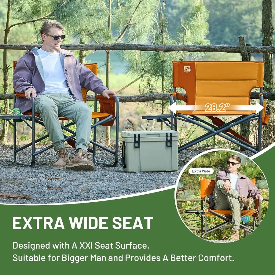 Silla de director XXL con mesa auxiliar Silla plegable resistente con capacidad de 500 lb Asiento acolchado extra ancho para una comodidad mejorada