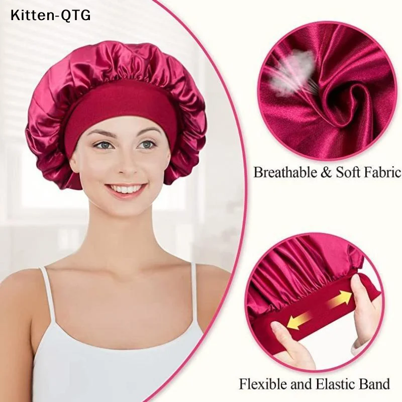 Hot 2Pcs Satin Sleep Bonnet Wide Soft Elastic Band Headscarf Beauty Cap Hair Protection For Sleeping Hair Care