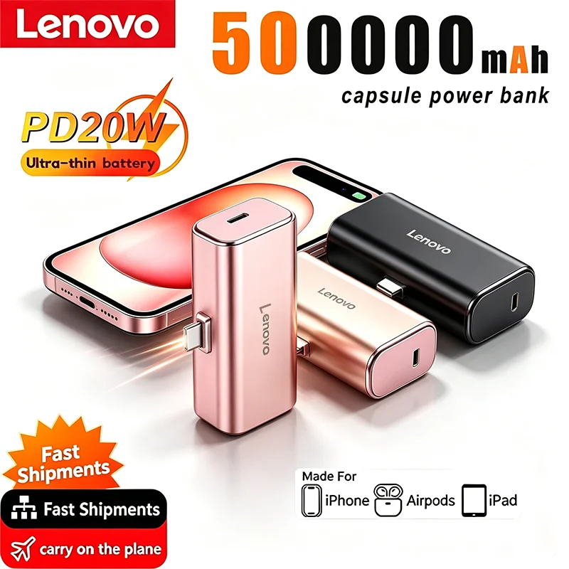 Lenovo 20W Fast Charging 500000mAh Mini Portable USB C Power Bank Travel Battery Pack Charger for iPhone 15 16 Android Devices
