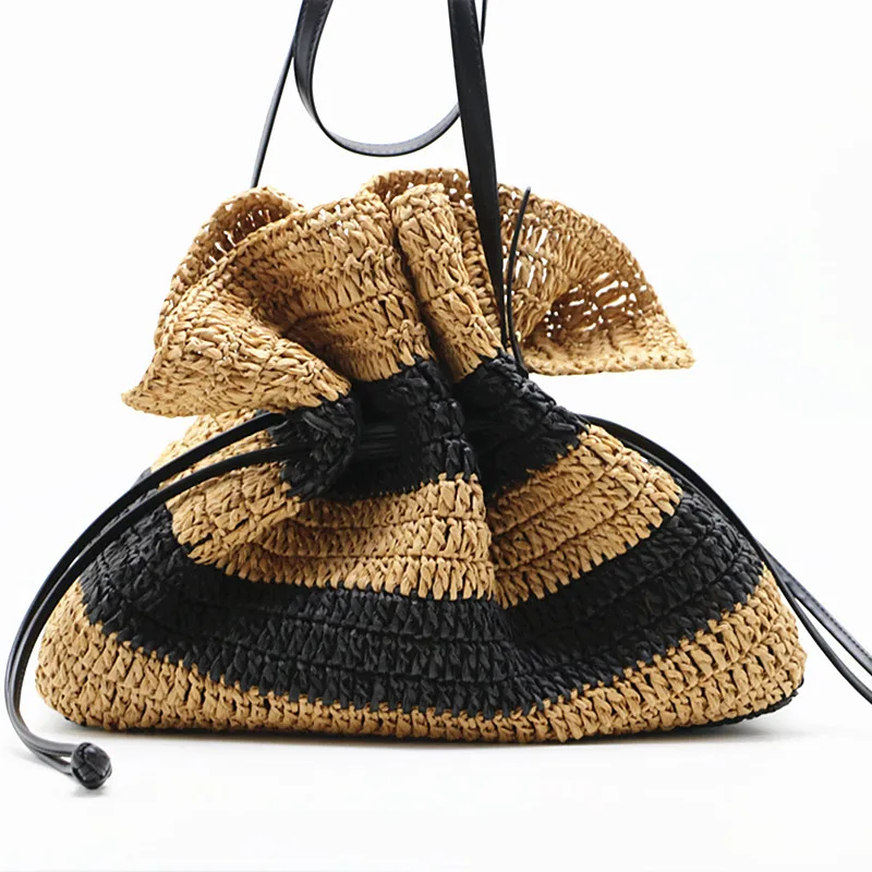 Casual Striped Crochet Single Shoulder Bag Design Hand-made Paper Woven Drawstring Beach Bag Vintage French Vacation Bag Female