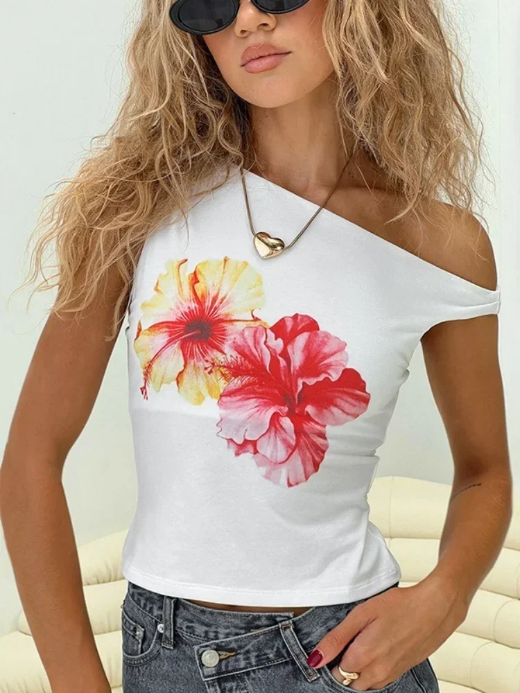 One Piece New Floral Print Graphic T Shirts Summer Fashion Slim Slash Sleeveless Women Clothes Casual Sexy Strapless Y2k Top image 3