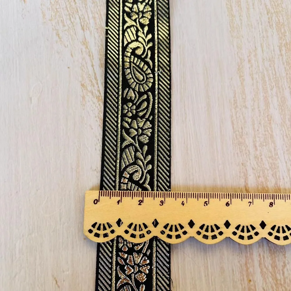 7 Meters/Lots Woven Jacquard Ribbon 3.3cm  gold Silver Yellow Paisley Flowers Pattern  For Clothing Straps Accessory IS-3287