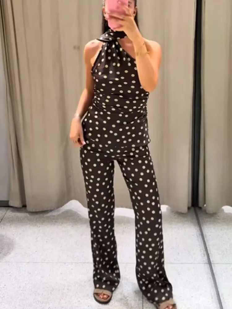 

HH женский новый брючный костюм асимметричный плиссированный воротник с открытой спиной и без рукавов летний топ + брюки-клеш на молнии со средней талией