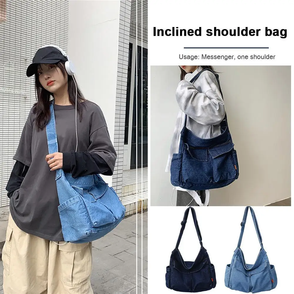 Japanese Harajuku Shoulder Bags Retro Denim Messenger Large Capacity Handbag Commuter Crossbody Bag for Womens